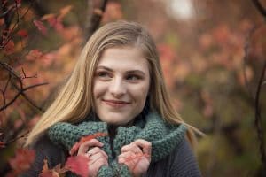 Senior girl fall photo with knit scarf in Rockford